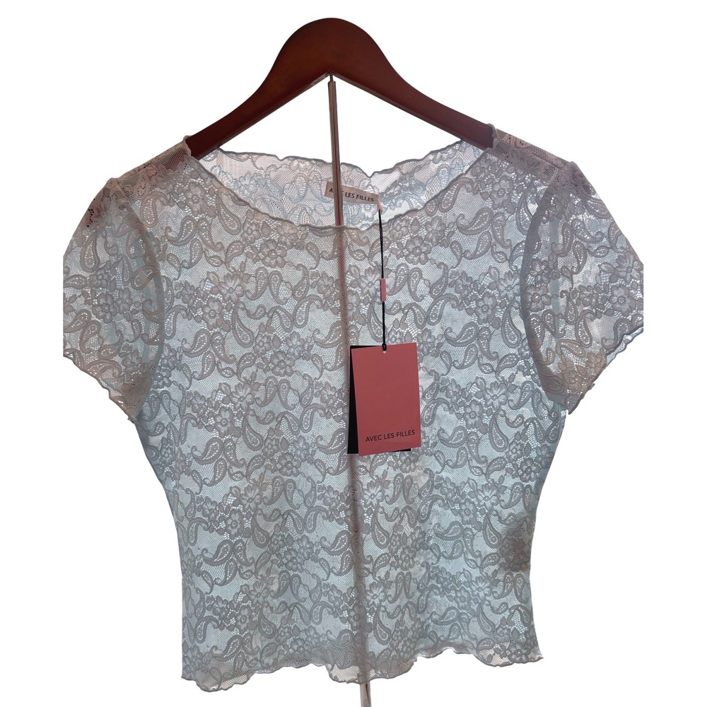 Avec Les Filles Lace Cropped Short Sleeve Top Sheer Romantic Style Size M‎